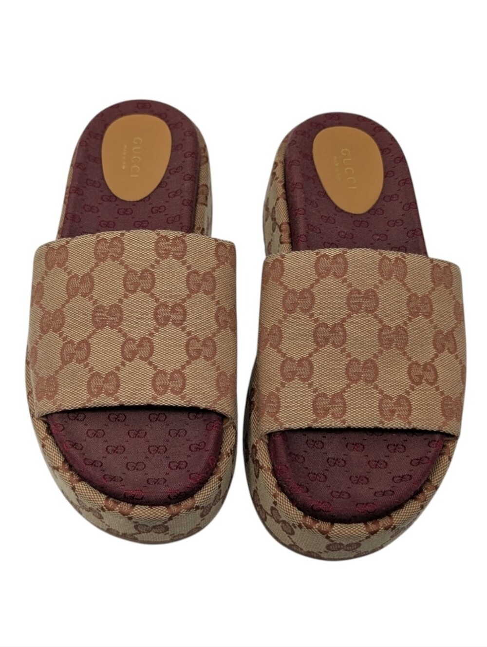 Gucci Angelina Burgundy Rust GG Monogram Canvas Platform Slide Sandal Size EU 38